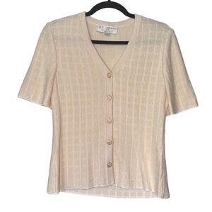St John Collection Marie Gray Cream Metallic Knit Short Sleeve Cardigan Size 2